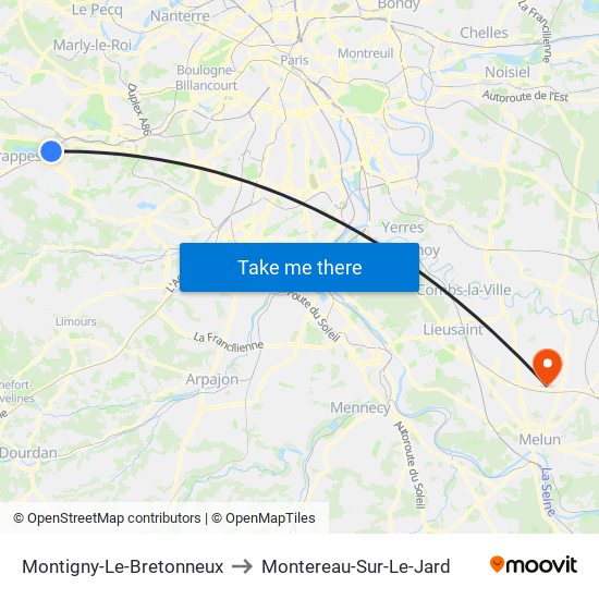 Montigny-Le-Bretonneux to Montereau-Sur-Le-Jard map