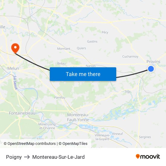 Poigny to Montereau-Sur-Le-Jard map