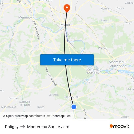 Poligny to Montereau-Sur-Le-Jard map