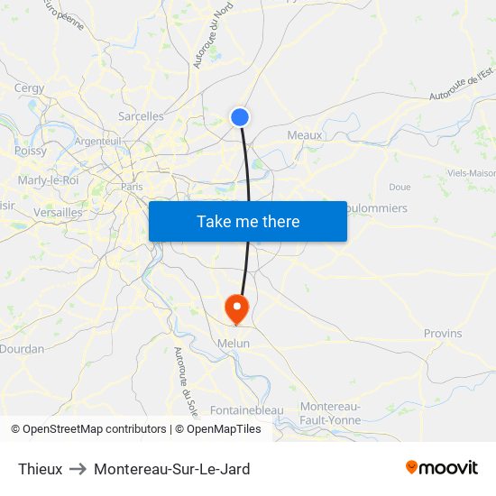 Thieux to Montereau-Sur-Le-Jard map