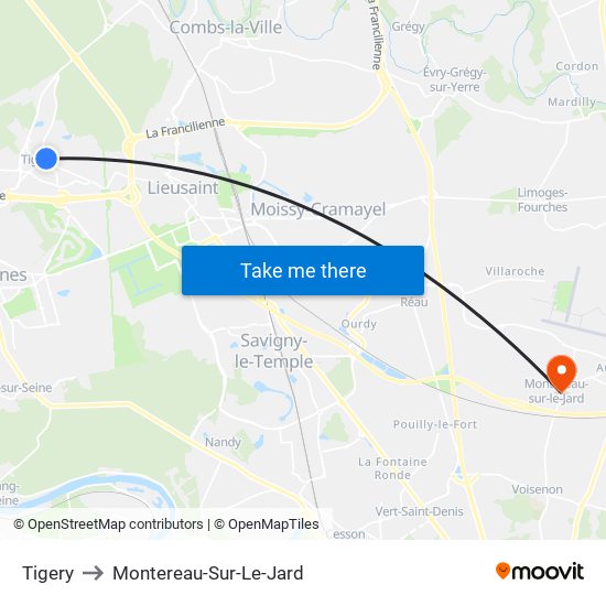 Tigery to Montereau-Sur-Le-Jard map