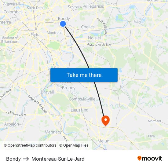 Bondy to Montereau-Sur-Le-Jard map