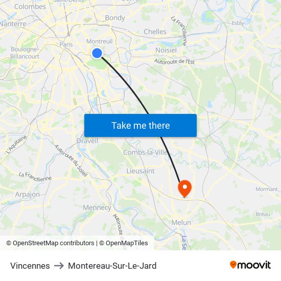 Vincennes to Montereau-Sur-Le-Jard map