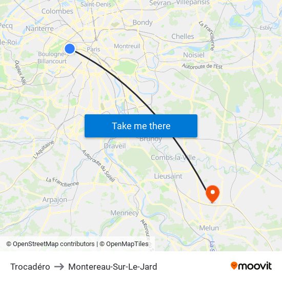 Trocadéro to Montereau-Sur-Le-Jard map