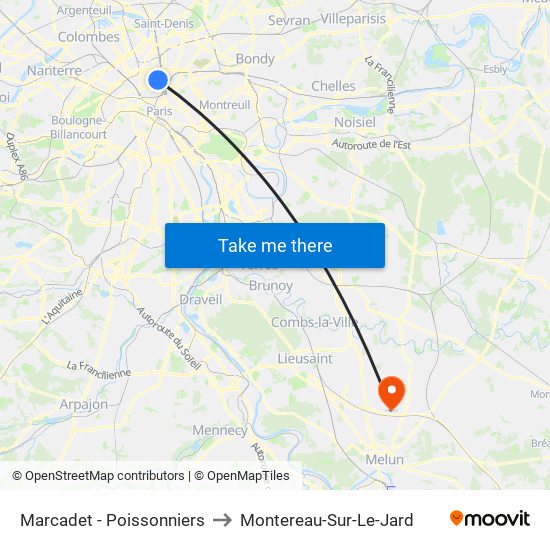 Marcadet - Poissonniers to Montereau-Sur-Le-Jard map