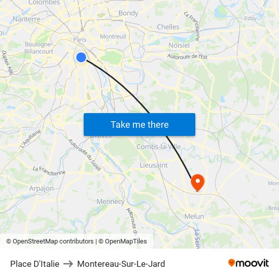 Place D'Italie to Montereau-Sur-Le-Jard map