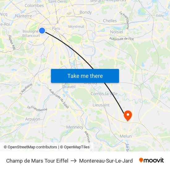 Champ de Mars Tour Eiffel to Montereau-Sur-Le-Jard map