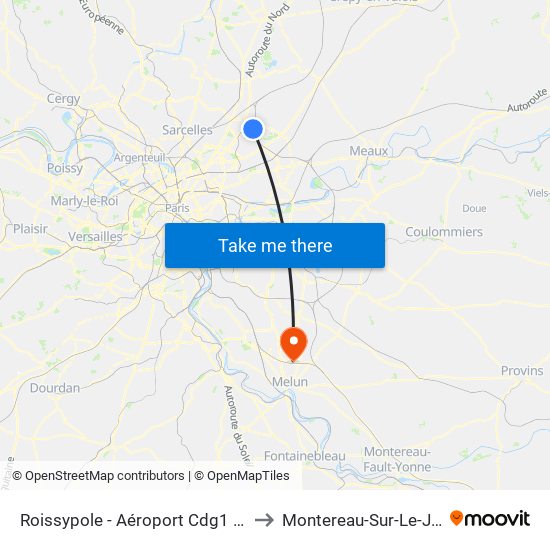 Roissypole - Aéroport Cdg1 (D3) to Montereau-Sur-Le-Jard map
