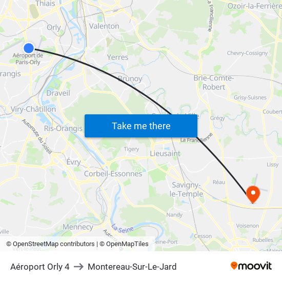 Aéroport Orly 4 to Montereau-Sur-Le-Jard map