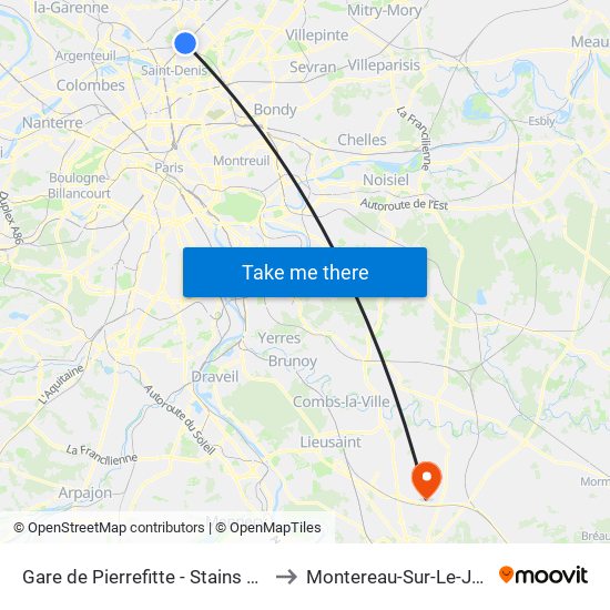 Gare de Pierrefitte - Stains RER to Montereau-Sur-Le-Jard map