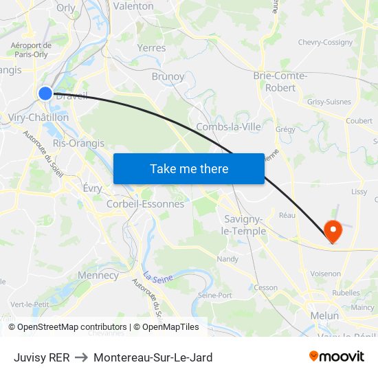 Juvisy RER to Montereau-Sur-Le-Jard map