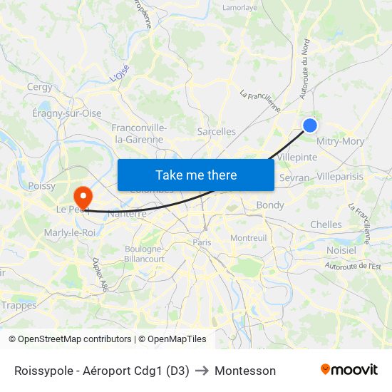 Roissypole - Aéroport Cdg1 (D3) to Montesson map