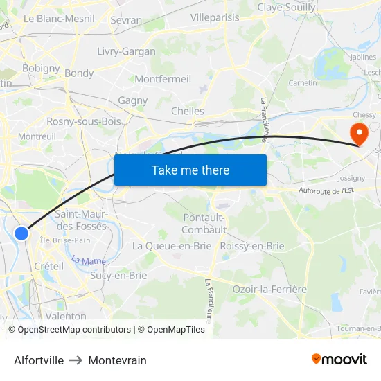 Alfortville to Montevrain map