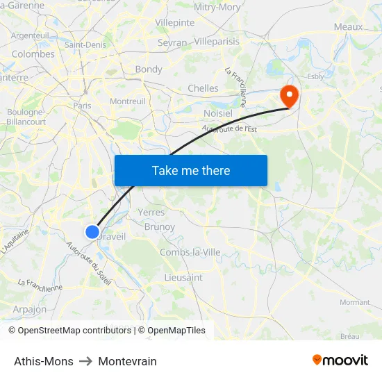Athis-Mons to Montevrain map