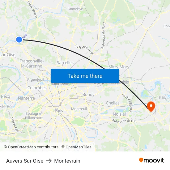 Auvers-Sur-Oise to Montevrain map