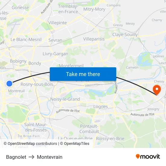 Bagnolet to Montevrain map