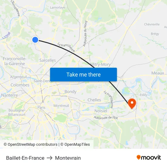 Baillet-En-France to Montevrain map