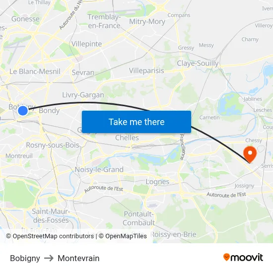 Bobigny to Montevrain map