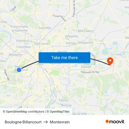 Boulogne-Billancourt to Montevrain map