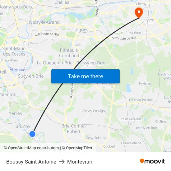 Boussy-Saint-Antoine to Montevrain map