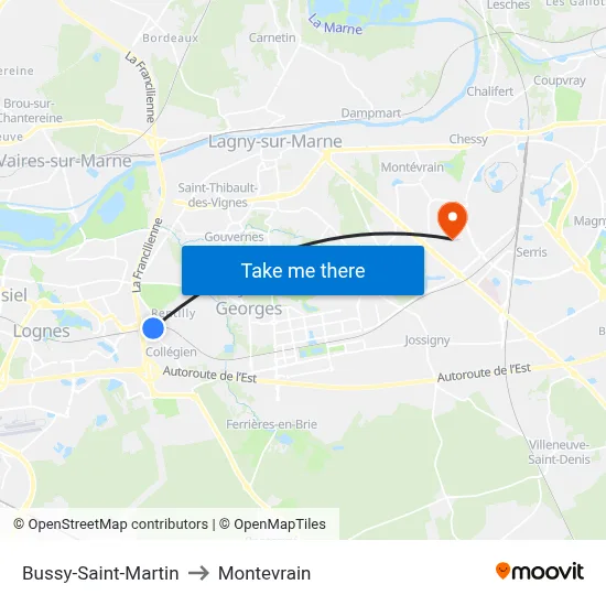 Bussy-Saint-Martin to Montevrain map