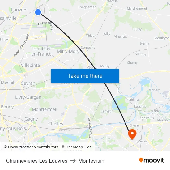 Chennevieres-Les-Louvres to Montevrain map