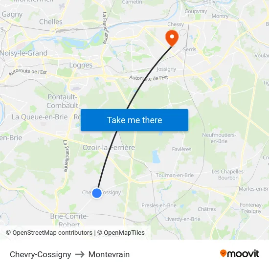 Chevry-Cossigny to Montevrain map