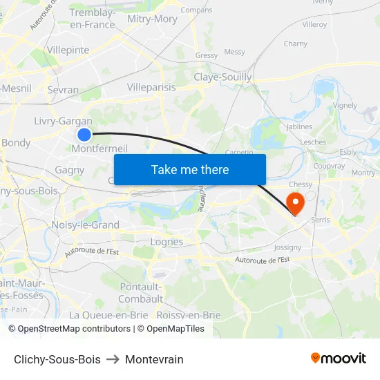 Clichy-Sous-Bois to Montevrain map