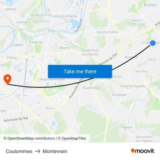 Coulommes to Montevrain map