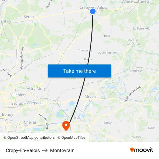 Crepy-En-Valois to Montevrain map