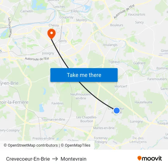 Crevecoeur-En-Brie to Montevrain map