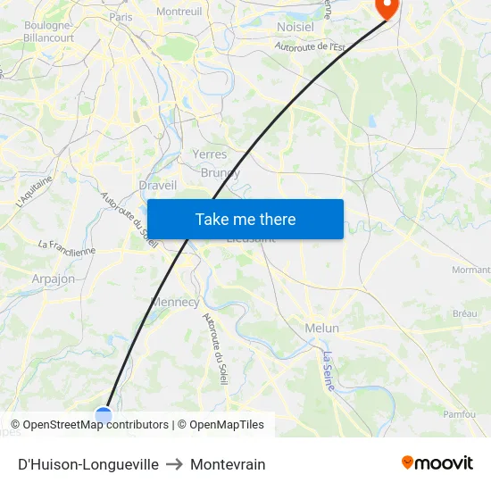 D'Huison-Longueville to Montevrain map