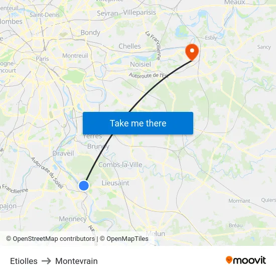 Etiolles to Montevrain map