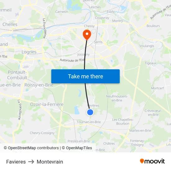 Favieres to Montevrain map