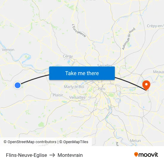 Flins-Neuve-Eglise to Montevrain map