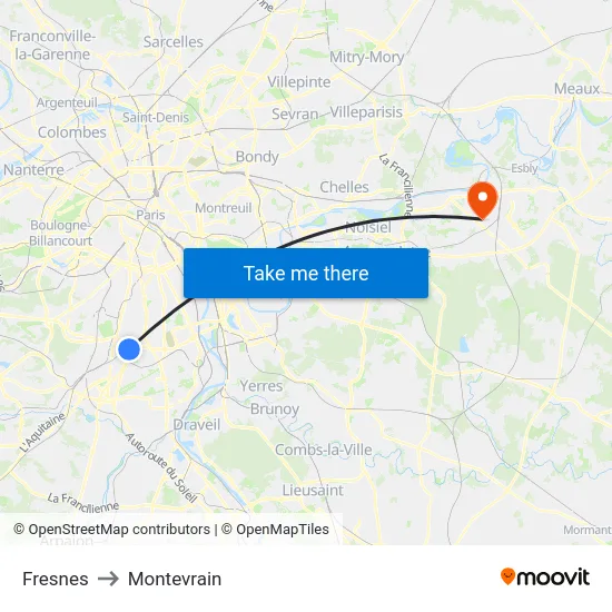 Fresnes to Montevrain map
