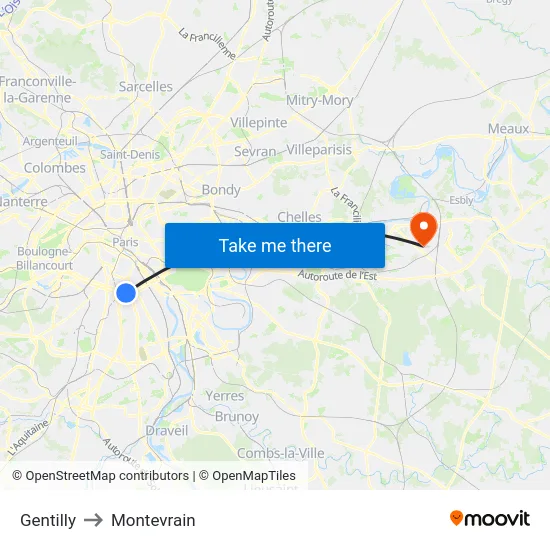 Gentilly to Montevrain map