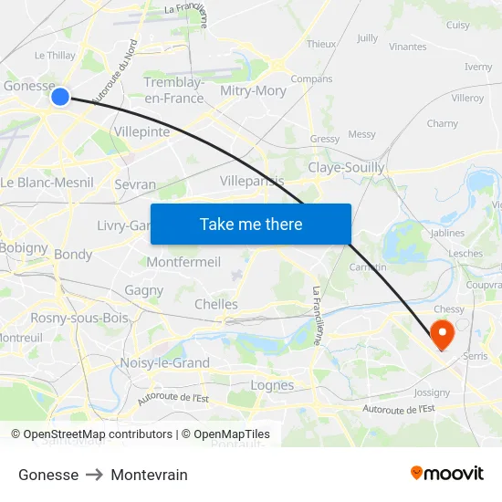 Gonesse to Montevrain map