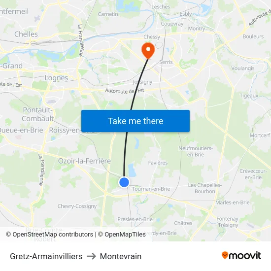 Gretz-Armainvilliers to Montevrain map