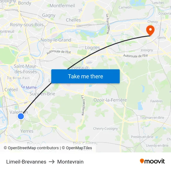 Limeil-Brevannes to Montevrain map