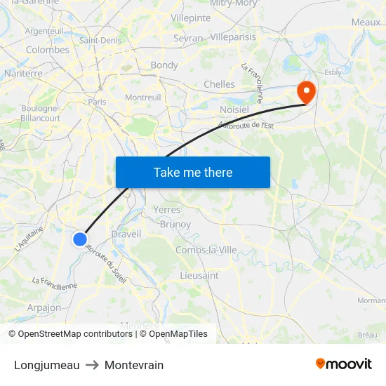 Longjumeau to Montevrain map