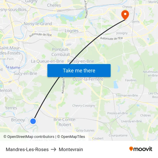 Mandres-Les-Roses to Montevrain map
