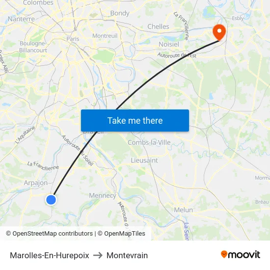 Marolles-En-Hurepoix to Montevrain map