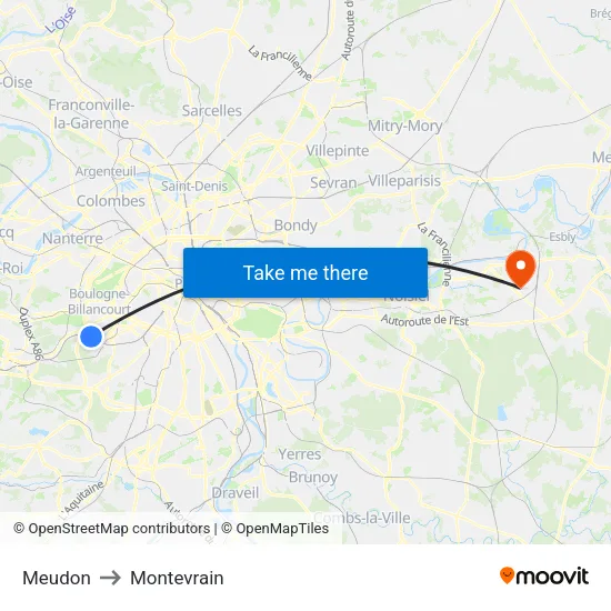 Meudon to Montevrain map