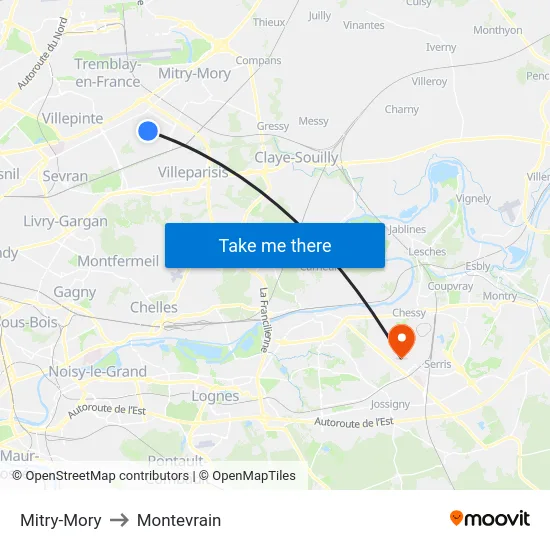 Mitry-Mory to Montevrain map