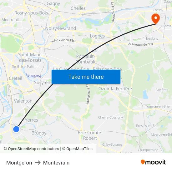Montgeron to Montevrain map
