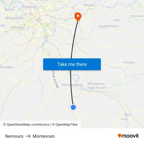Nemours to Montevrain map