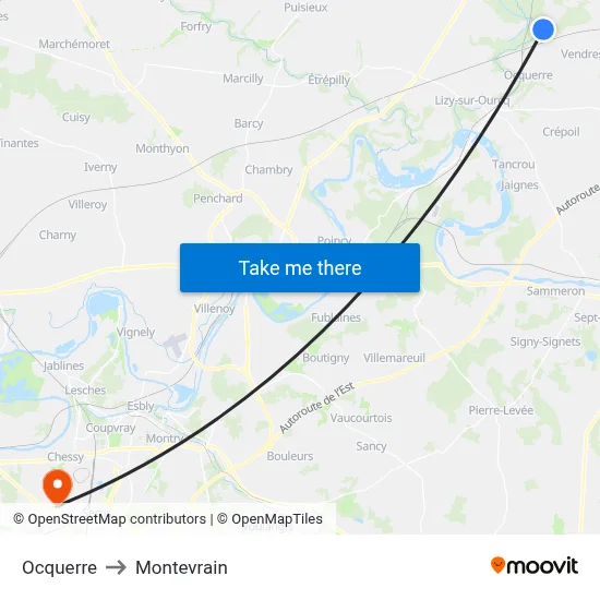Ocquerre to Montevrain map