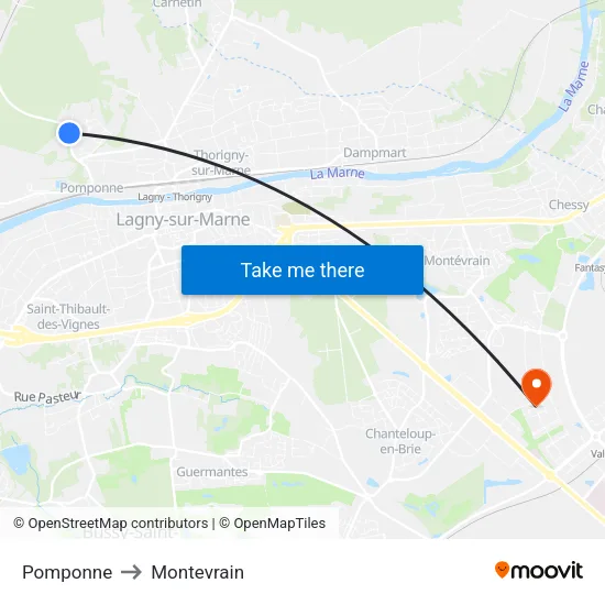 Pomponne to Montevrain map