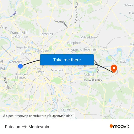 Puteaux to Montevrain map